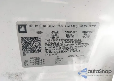 2019 Chevrolet Trax Lt z USA, uszkodzony, nr VIN 3GNCJLSBXKL276371